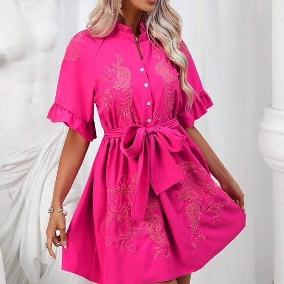 . Dresses & Skirts - Pink Boho Womens Paisley Embroidery Flounce Sleeve Belted Shirt Dress